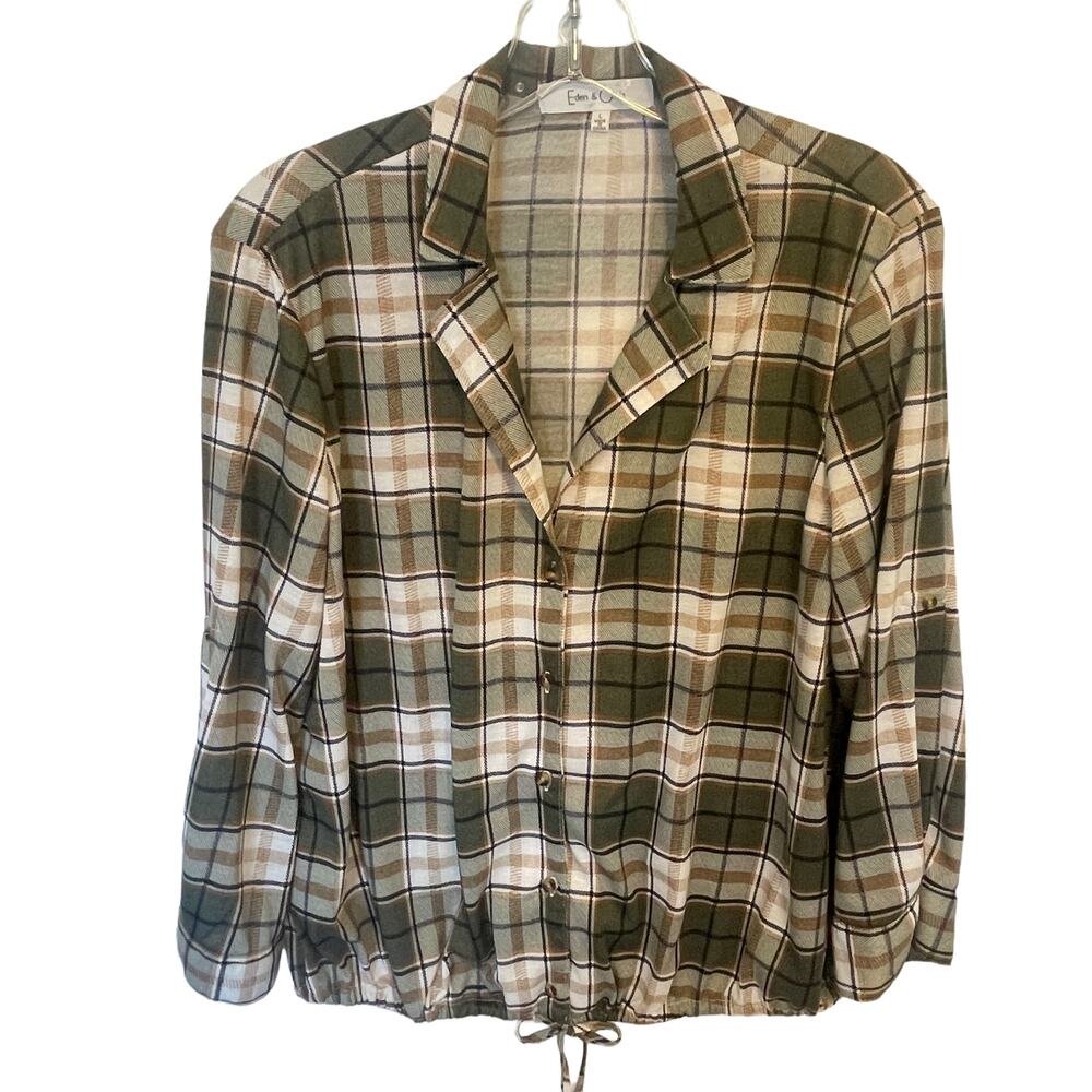 Eden & Olivia Olive Plaid Button Top Womens Large Cinched Tie Waist Long Sleeve
